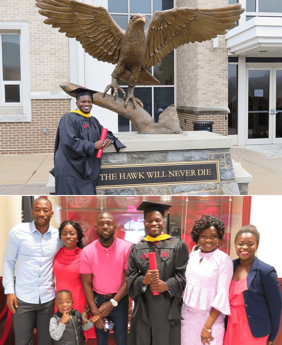 Kola earning his Master's degree from Saint Joseph's University